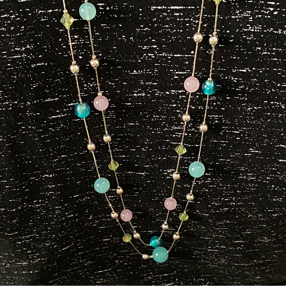 Multi-Strand Pastel Gemstone Bead Necklace Aqua | Pink | Lime | Silver-Tone - Picture 5 of 5